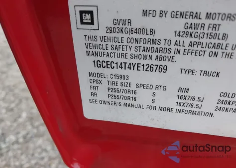 2000 Chevrolet Silverado 1500 Ls from USA, damaged, VIN 1GCEC14T4YE126769